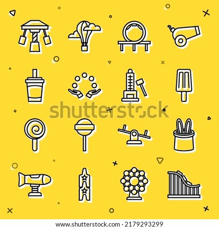Set line Roller coaster, Magician hat and rabbit ears, Ice cream, Juggling ball, Paper glass with water, Attraction carousel and Striker attraction hammer icon. Vector Royalty-Free Stock Photo #2179293299
