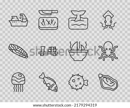 Set line Jellyfish, Mussel, Whale tail in ocean wave, Fish, Fishing boat, Sushi on cutting board, hedgehog and Octopus icon. Vector