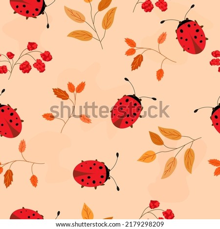 Seamless Pattern with oak Autumn leaves, rowan twigs and ladybugs. Ideal for wallpaper, wrapping paper, Pattern fill, textile, fall greeting cards, thanksgiving cards.