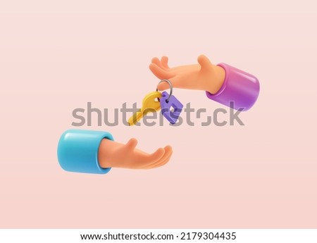 Isolated 3d cartoon vector hands holding door key. Real estate agent give keys to buyer vector illustration. Loan, mortgage or property template. Apartment rent web banner.  Royalty-Free Stock Photo #2179304435