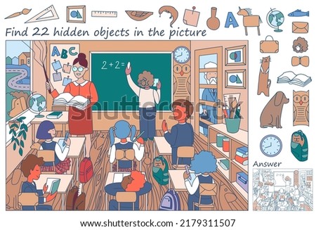 Teacher teach children in class. Find 22 hidden objects in the picture. Puzzle Hidden Items. Lesson in school classroom. Funny cartoon character. Sketch vector illustration
 Royalty-Free Stock Photo #2179311507