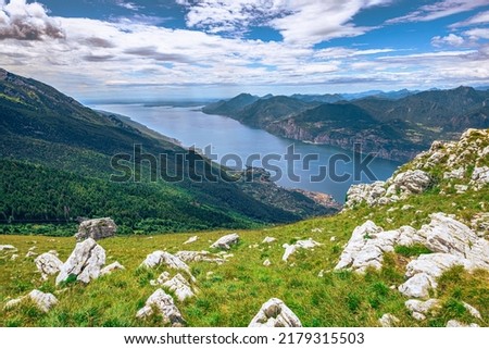 Panoramic view of Lake Garda seen from Mount Baldo, Italy Royalty-Free Stock Photo #2179315503
