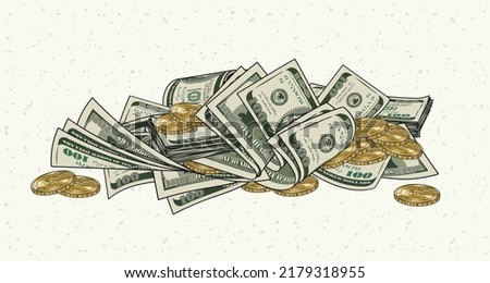 Heap of folded 100 dollar banknotes, bills, gold one dollar coins. Pile of cash money. Color isolated vector illustration in vintage style. Royalty-Free Stock Photo #2179318955