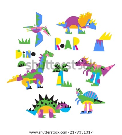 Fantastic cartoon Dino - vector print. dinosaur from abstract geometric shapes collage in modern style