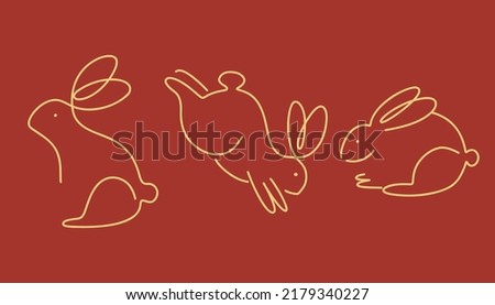 Chinese rabbit set. Golden traditional New Year zodiac animal, clouds and flowers, gold bunny silhouette on red background, 2023 Horoscope, decor elements. Asian lunar calendar, vector illustration Royalty-Free Stock Photo #2179340227