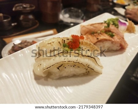 Halibut Nigiri Sushi in Japanese Restaurant