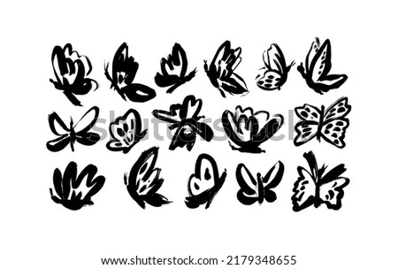 Different vector butterflies isolated on white background. Hand drawn black ink illustrations. Brush stroke style. Random black and white butterflies silhouettes. Collection of artistic simple moths