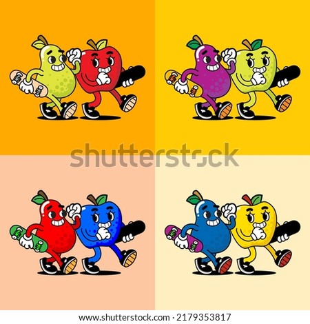 vector illustration of apple and avocado fruit cartoon character with 4 different colors, perfect for symbols, logos, posters and advertisements