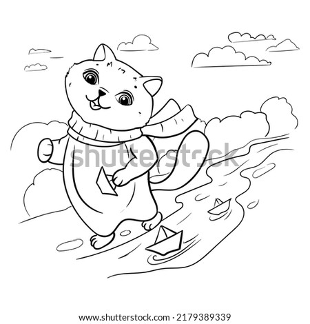 the cat launches paper boats along the stream. The arrival of spring. Coloring book for children. Vector illustration isolated on white background.