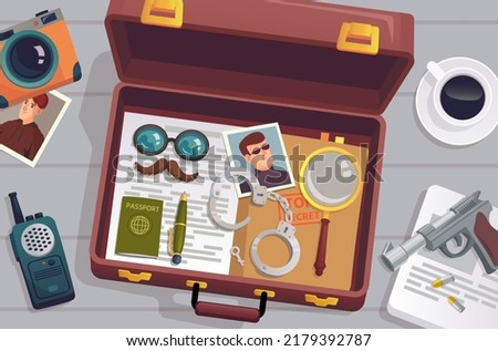 Detective briefcase. Open suitcase with spy surveillance tools investigation equipment on police desk, secret agent bag luggage folder mission, ingenious vector illustration of briefcase detective Royalty-Free Stock Photo #2179392787