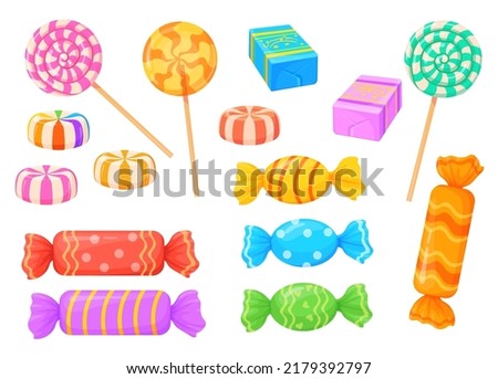 Cartoon wrapped candy. Caramel bonbon sweet lollipops snacks chocolate and fruit sweets for kids, tasty sugar confectioner childish dessert food birthday, vector illustration of wrapped caramel candy Royalty-Free Stock Photo #2179392797