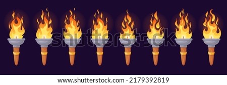 Torch animation. Animated fire brand, flame old candle or medieval bonfire beach pillar, cartoon spark flames 2d sequence loop magic light burning effect, vector illustration of fire animation torch