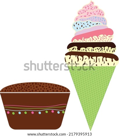 chocolate, strawberry and vanilla flavor ice cream cone and small chocolate cupcake clipart. Ice cream clipart. Chocolate cup cake clipart. ice cream ad chocolate cupcake vector art.