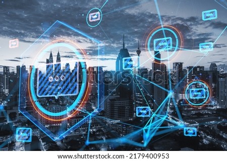 Creative glowing connected communication hologram on blurry city backdrop. Technology and wireless networking concept. Double exposure