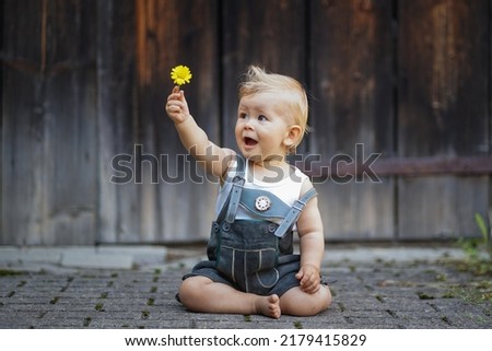 HAPPY SMILING BABY OF 1 YEAR SITTING  IN BAVARIAN LEATHER PANTS called Lederhosn OUTDOORS ON THE FLOOR WITH ARMS RAISED AND HOLDING A FLOWER IN THE AIR TO CONGRATULATE
