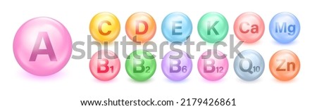 Set of Multi Vitamin complex icons. Multivitamin supplement. Vitamin A, B group B1, B2, B6, B12, C, D, D3, E, K, Mg, Ca, Omega. Essential vitamin complex. Healthy life concept Royalty-Free Stock Photo #2179426861