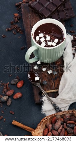 Cacao with marshmallow and cacao powder in mug. Hot beverage with whipped cream. Top view, flat lay, copy space