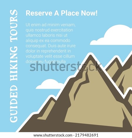 Reserve a place for guided hiking tours, banner advertisements for tourist activities on nature. Traveling and exploring word, trekking and climbing on rocks and cliffs. Vector in flat style