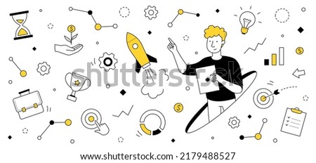 Business startup, project launch, successful idea presentation doodle concept with businessman and flying rocket with infographic icons around. Goal achievement, boost Linear vector illustration Royalty-Free Stock Photo #2179488527