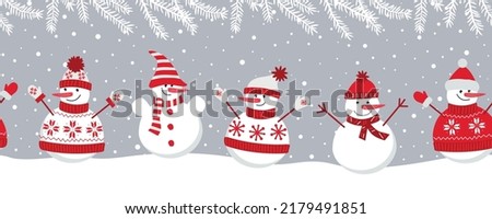 Cute snowmen rejoice in winter holidays. Seamless border. Christmas background. Five different snowmen in red winter clothes under the snow. Can be used as a template for a greeting card. Vector  Royalty-Free Stock Photo #2179491851