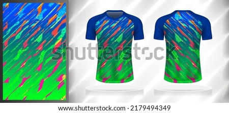 Vector sport pattern design template for V-neck T-shirt front and back with short sleeve view mockup. Blue-green-pink-orange color gradient abstract grunge texture background illustration.
