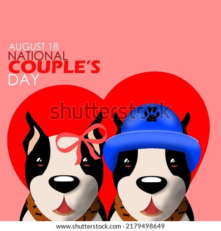 Two cute dog couple wearing blue hats and pink ribbons with red hearts on the back and bold text on pink background, National Couple's Day – August 18