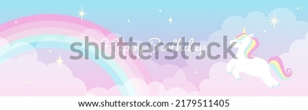vector background with a rainbow unicorn in cloudy sky for banners, cards, flyers, social media wallpapers, etc. Royalty-Free Stock Photo #2179511405