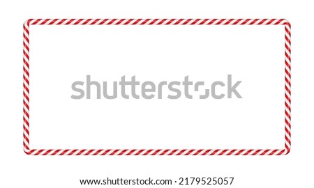 Christmas candy cane rectangle frame with red and white stripe. Xmas border with striped candy lollipop pattern. Blank christmas and new year template. Vector illustration isolated on white background Royalty-Free Stock Photo #2179525057