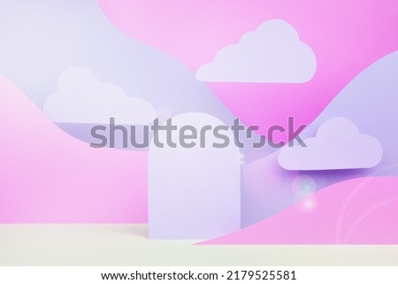 Arch podium mockup, abstract mountain landscape - purple, lilac, white color slopes, sunbeam glare, clouds in baby cartoon naive style. Template for presentation cosmetic, advertising, text, poster.