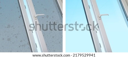Collage with photos of window before and after cleaning indoors. Banner design