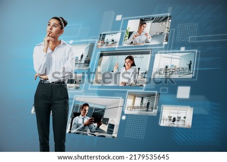 Attractive young european businesswoman looking at creative digital picture gallery on polygonal blue background. Photo album and media technology concept. Going through images