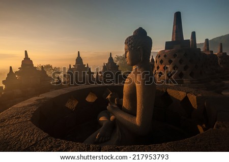 Borobudur Temple at sunrise, Yogyakarta, Java, Indonesia. (silhouette scene)