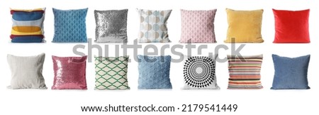 Set with different stylish decorative pillows on white background. Banner design Royalty-Free Stock Photo #2179541449