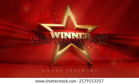 Award ceremony background and 3d gold star with red silk ribbon decoration with winner text and glitter light effect elements.