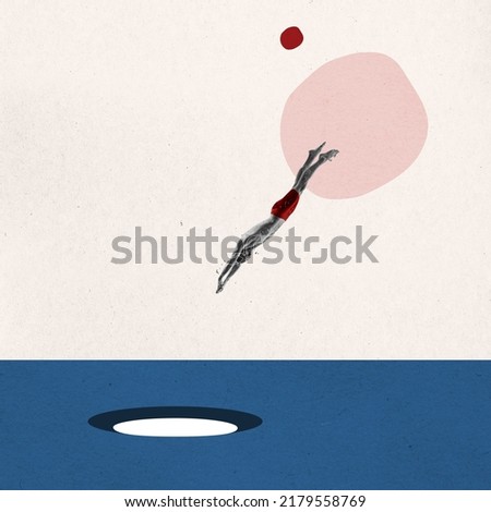 Contemporary art collage. Minimalism, surrealism. Professional swimmer jumping into drawn blue water isolated over light background. Sport, competition concept. Summer water sports.
