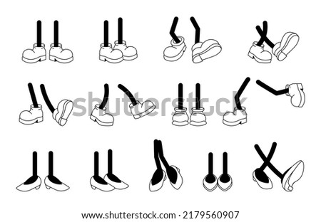 Vintage cartoon male and female feet in shoes. Cute animation character body parts. Comics walking leg poses vector set. Different foot movements and positions. Retro feet in boot 20s to 50s style. Royalty-Free Stock Photo #2179560907