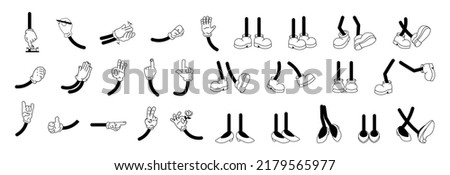 Vintage cartoon hands in gloves, arms gestures and feet in shoes. Cute animation body parts of characters. Different foot movements and positions. Comics walking leg poses vector illustration set. Royalty-Free Stock Photo #2179565977