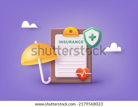 Health insurance concept. Big clipboard with document on it under the umbrella. Healthcare, finance and medical service. 3D Web Vector Illustrations. 