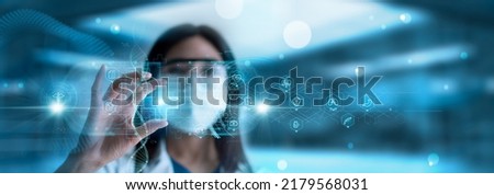Doctor hold white cross of medical with healthcare icons on virtual interface network. Virus pandemic develop people awareness healthcare, Science, Medical technology and health care service. 