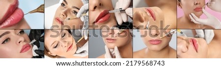 Collage with photos of women during procedures of lip augmentation and permanent makeup, closeup. Banner design