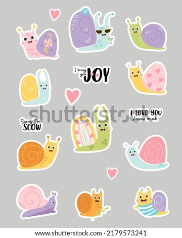 Set of vector stickers with cute snails and phrases. Funny insect characters snail sailor and in sun glasses with cocktail, with rainbow shell and hearts. Isolated elements for design, decor, print