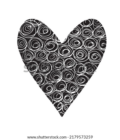 Cute Romantic Vector Illustration with Love Symbol.Black Heart with Swirls Print Isolated on a White Background.Funny Infantile Style Hand Drawn Print ideal for Valentine's Day Card, Poster, Wall Art.