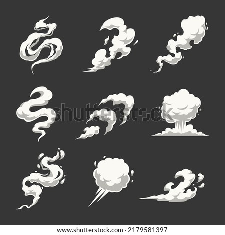 Set of white smoke shapes on dark background. Smoke silhouettes. Cartoon smoke clouds. Vector graphics.