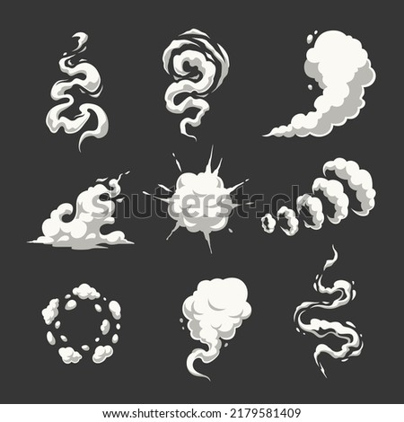 Set of white smoke shapes on dark background. Smoke silhouettes. Cartoon smoke clouds. Vector graphics.