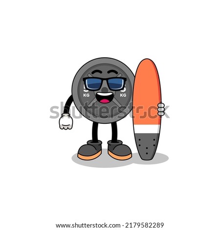 Mascot cartoon of barbell plate as a surfer , character design