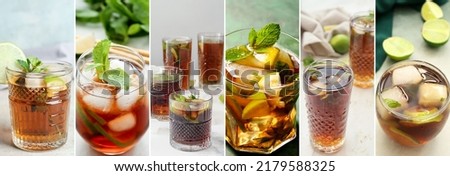 Collage with glasses of fresh Cuba Libre cocktail