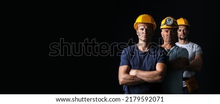 Miner men on black background with space for text Royalty-Free Stock Photo #2179592071