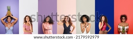 Collage of handsome African-American women on color background with space for text