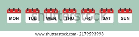 Calendar icons with days of the week. Monday, tuesday, wednesday, thursday, friday, saturday, sunday. Vector illustration. Royalty-Free Stock Photo #2179593993