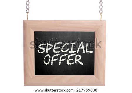 "SPECIAL OFFER" text with hanging wood frame